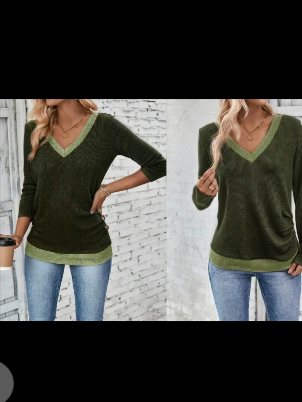Green V-Neck Long Sleeve Contrast Trim Women's Top - NEW & SMALL - Picture 5 of 10